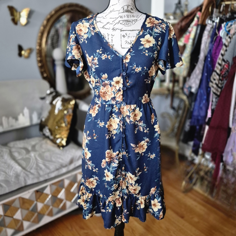Xhilaration 1950s Vibe Navy Floral Midi Dress XS